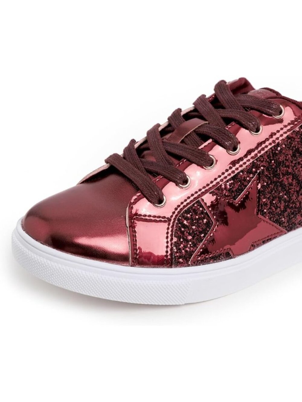 Women's Burgundy Glitter Star Lace up Sparkly Party Shiny Shoes Fashion Sneakers - Picture 5 of 6